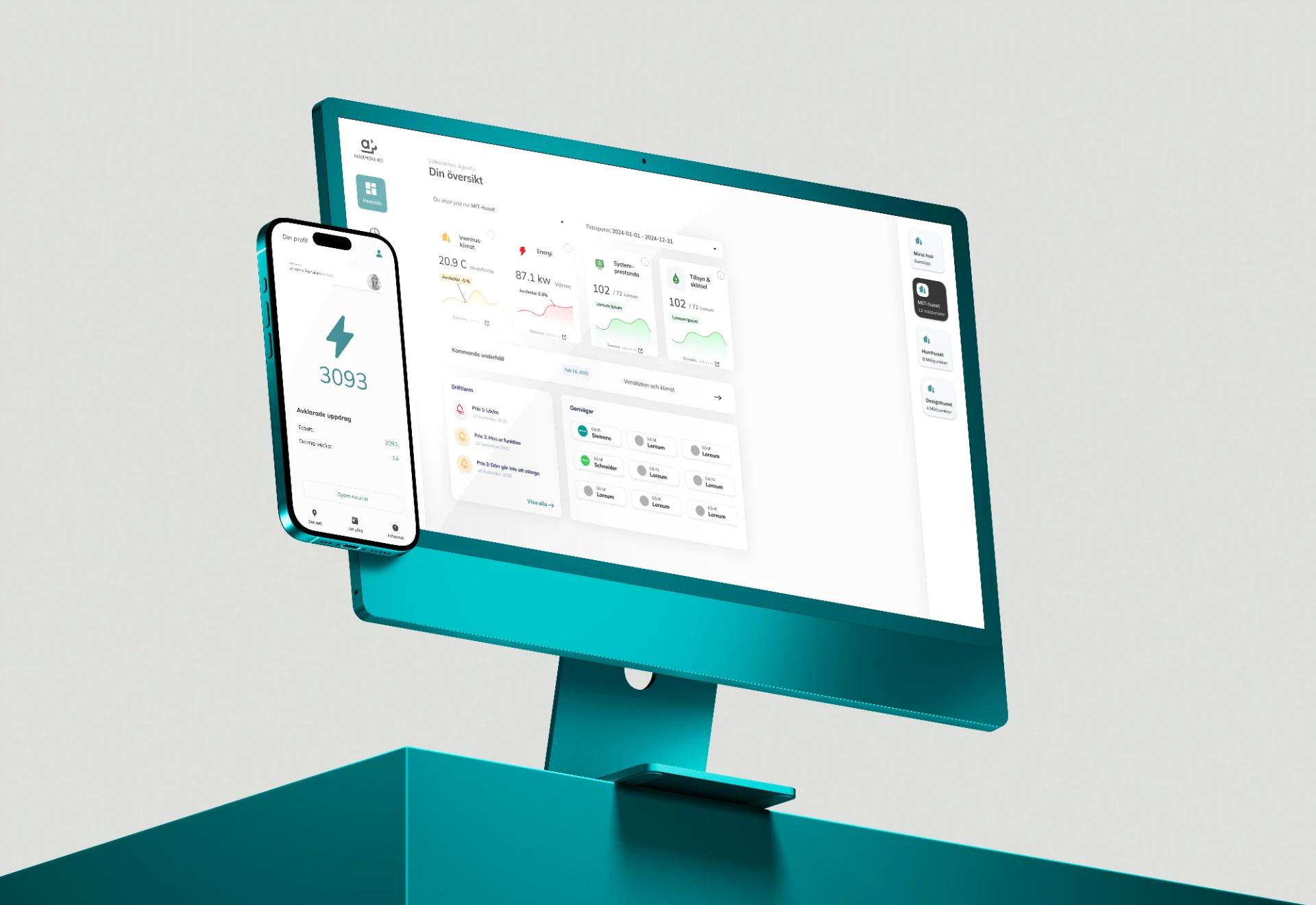 Akademiska Hus arbetsplattform på en turkos iMac-skärm och en telefon, med översikt, energivärden, driftlarm och profil
