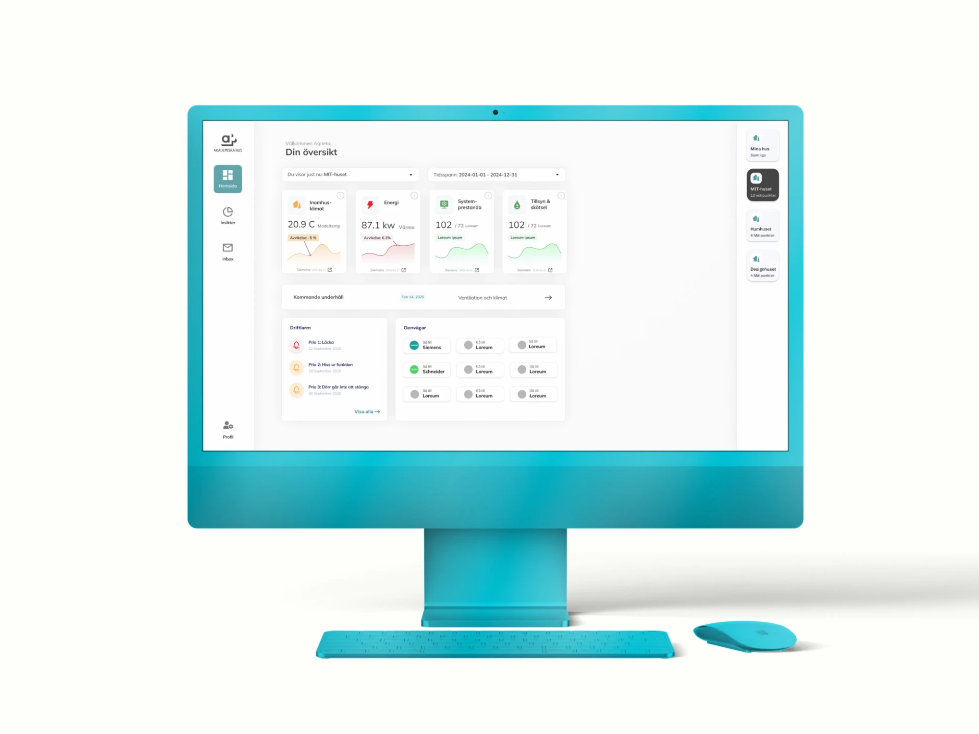 Akademiska Hus dashboard på en turkos iMac med tangentbord och mus, med översikten Din översikt, energi- och klimatvärden, driftlarm och genvägar