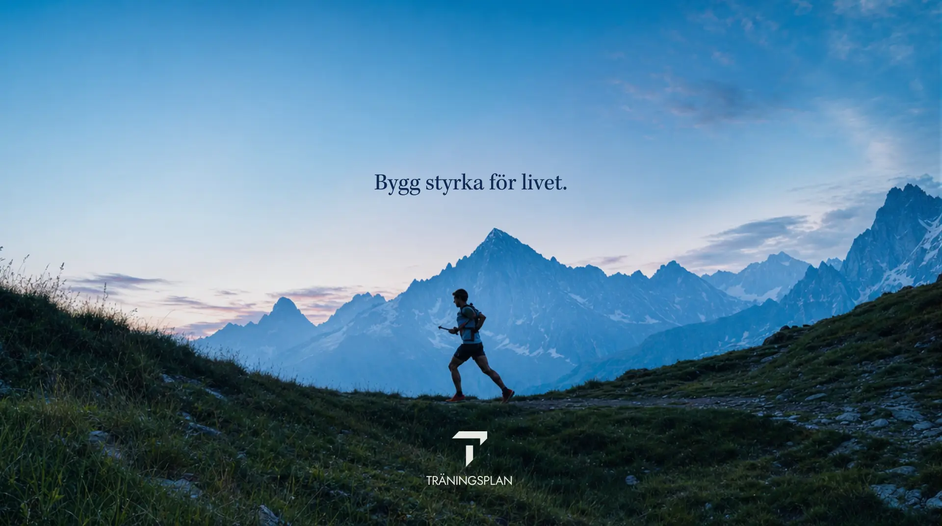 Träningsplanaffisch med löpare på bergsrygg och texten “Bygg styrka för livet.”